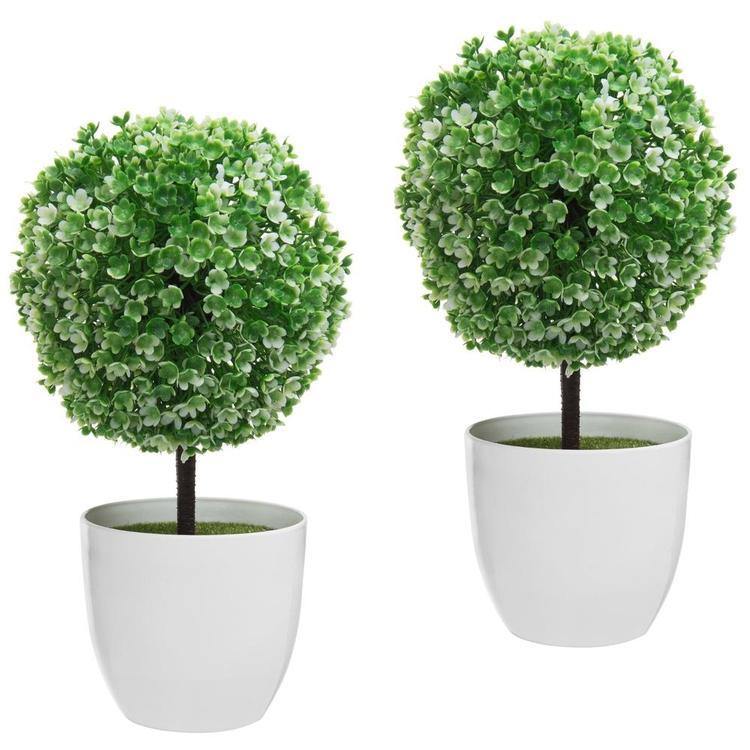 10 inch Faux Tabletop Topiary Trees w/ White Pots, Set of 2