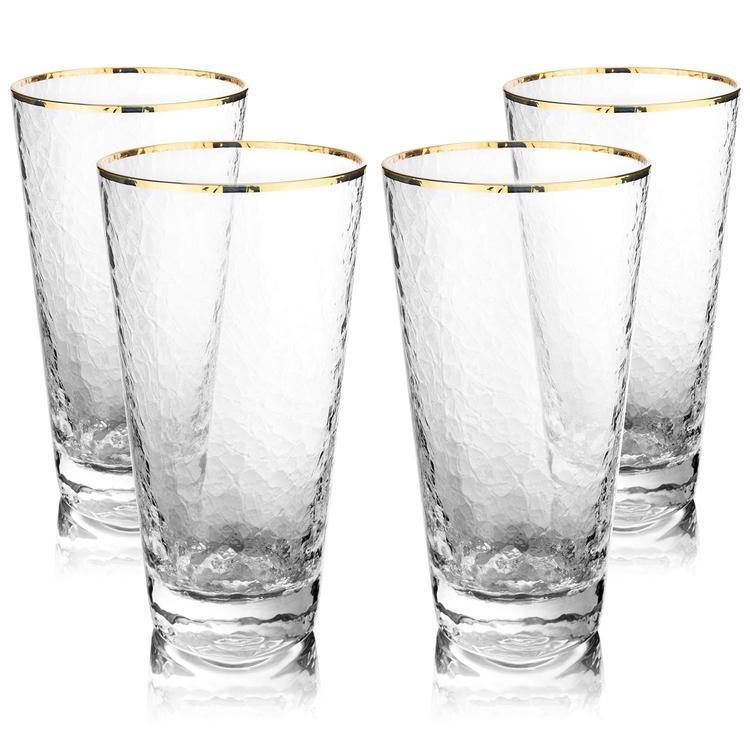 12 oz Gold Rim Hammered Highball Glasses, Set of 4