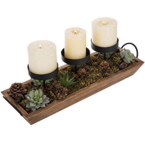 3-Pillar Candle Holder with Rustic Wood Tray