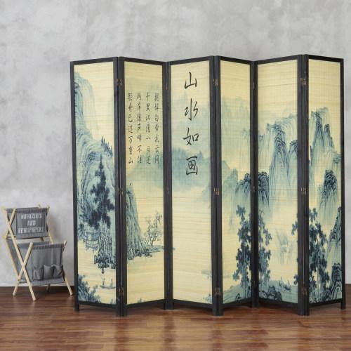 6-Panel Bamboo Room Divider with Asian Calligraphy Artwork