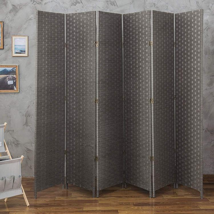 6-Panel Gray Woven Seagrass Room Divider