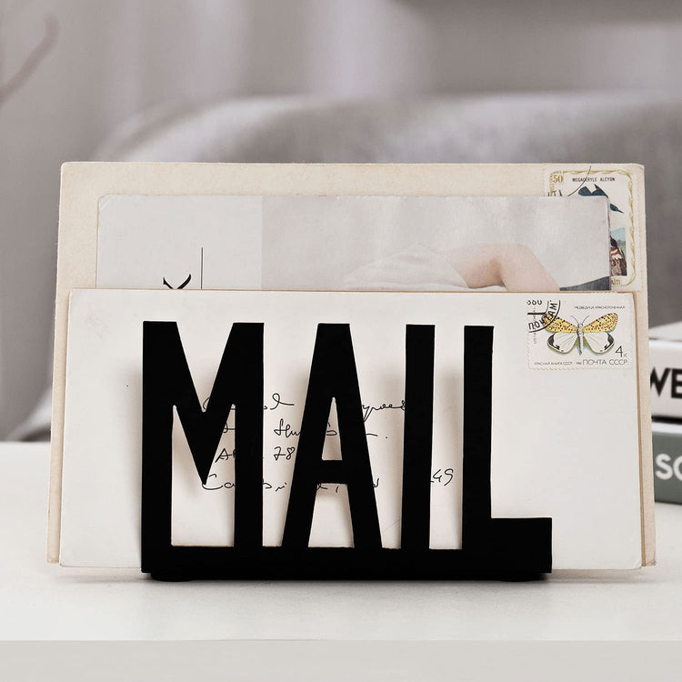 Metal Desktop Mail Holder, Office Desk Letter Sorter Organizer with MAIL Cutout Design, Black and Gold