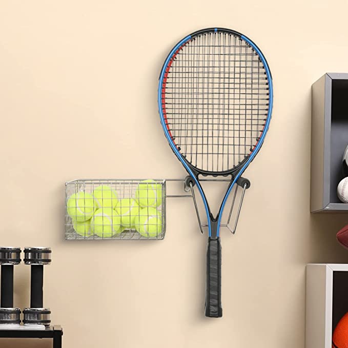 Hanging Tennis Balls and Racquet Sport Equipment Organizer, Basket and Rack for Tennis Racket and Ball Storage