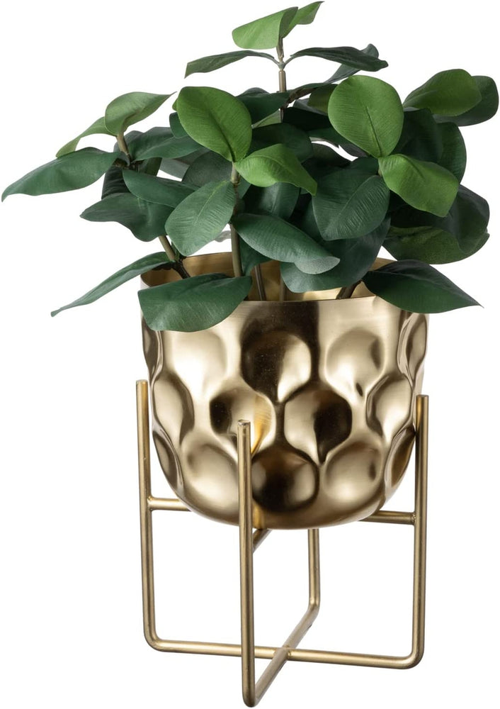 7 Inch Hammered Brass Tone Metal Flower Planter Pot with Decorative Riser, Plant Pot with Display Stand