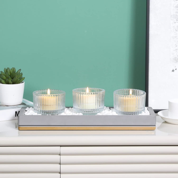 Candle Holder Centerpiece Tray, Candlescape Cement Tray with 3 Vertical Ribbed Clear Glass Candle Holders