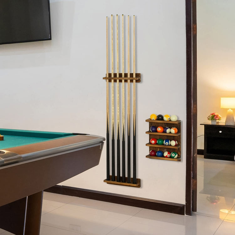 Wall Mounted Dark Brown Wood Pool Cue Stick Holder Rack for 6 Cues with Billiard Ball Storage Shelf, 3-Piece Set