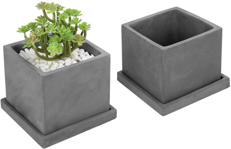 5-inch Dark Gray Cement Cube Planters with Removable Trays, Set of 2