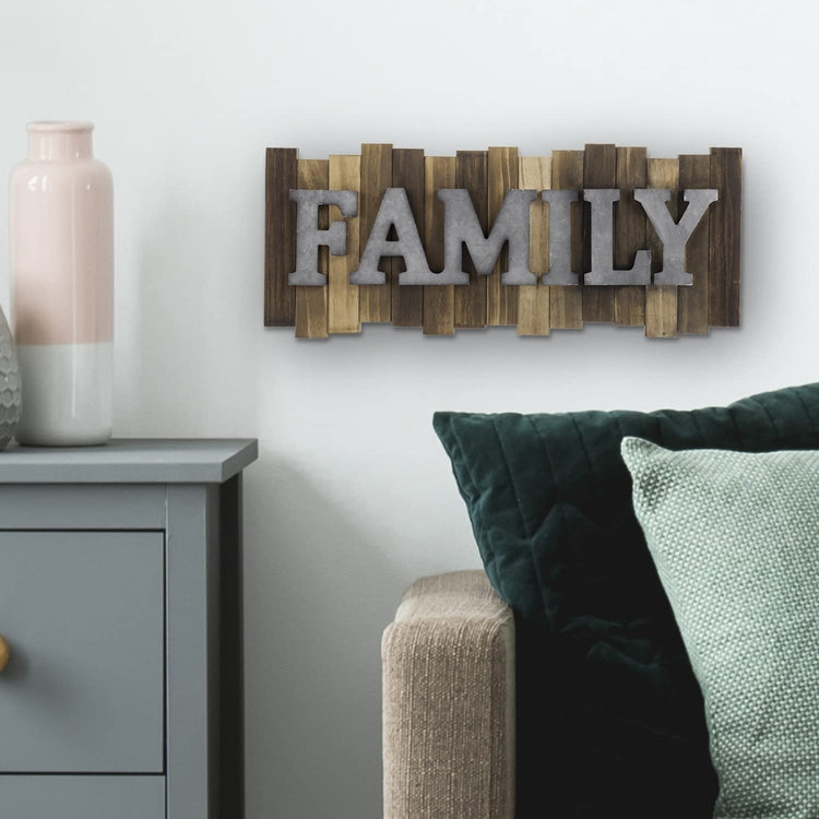 FAMILY Wall Mounted Sign, Wood and Galvanized Metal Embossed Raised Letters, Striped Plaque Art