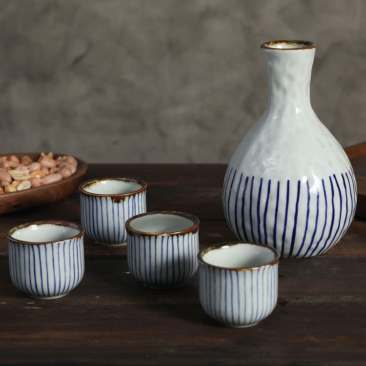 Traditional Japanese Blue Striped Ceramic 5 Piece Sake Set with Serving Carafe and 4 Drinking Cups