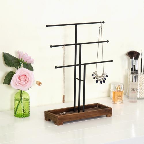 Black Metal Jewelry Stand w/ Brown Wood Ring Tray