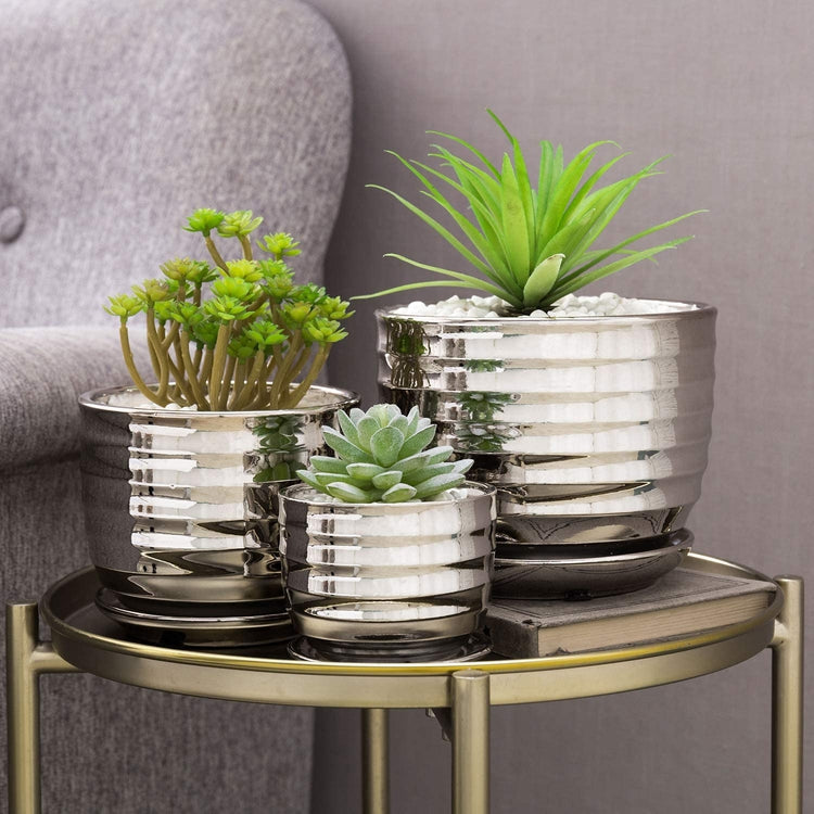 Silver Nesting Round Ceramic Planter Pots with Ribbed Design and Attached Saucers, 3 Piece Set