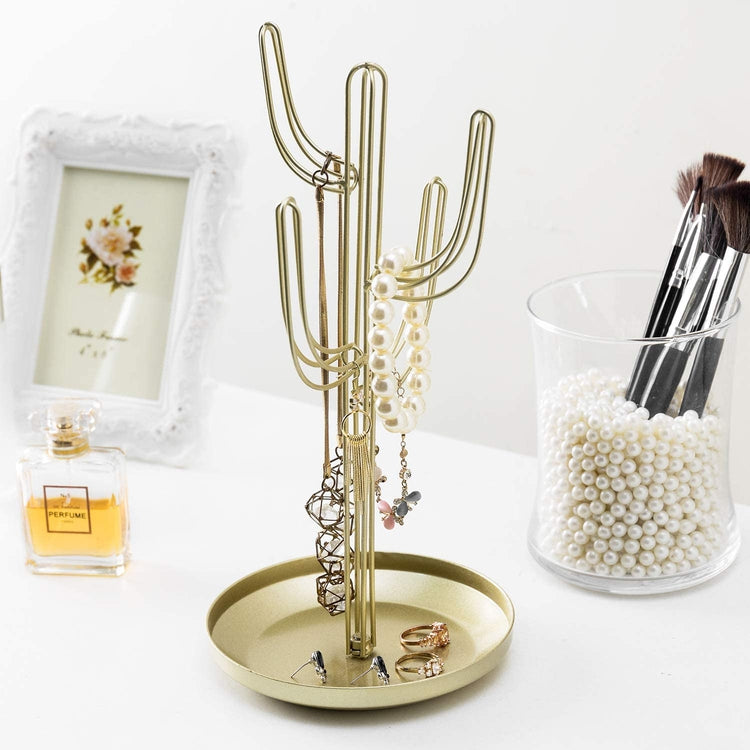 Gold Metal Jewelry Tower Rack with Ring Tray, Cactus-Shaped Jewelry Storage Holder Stand