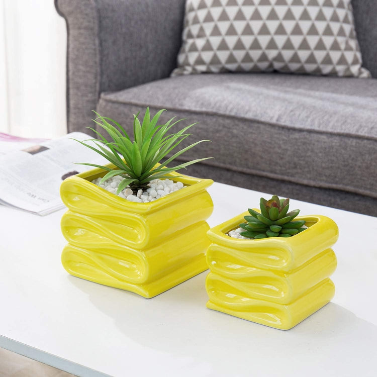 Set of 2 - 4 and 5 Inch Modern Decorative Folded Design Yellow Ceramic Flower Succulent Planter Pots