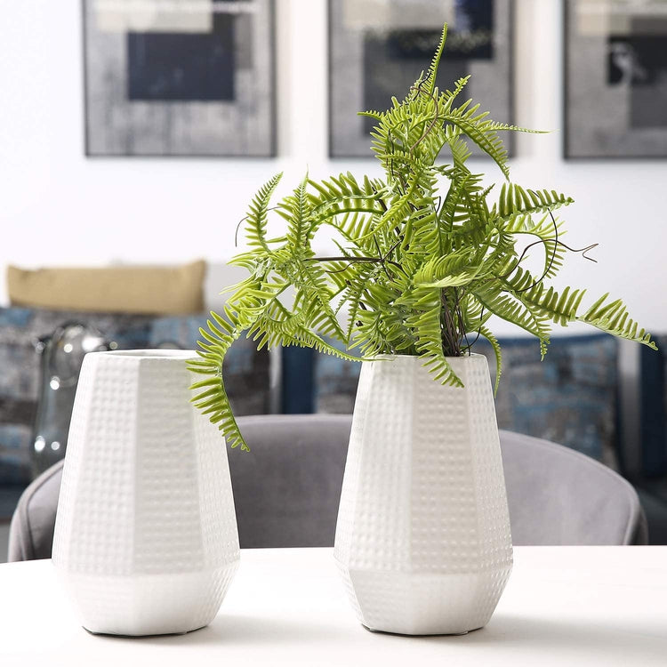 7 Inch Dimpled White Ceramic Tabletop Flower Vase Planter Pot with Geometric Cutout Design, Set of 2