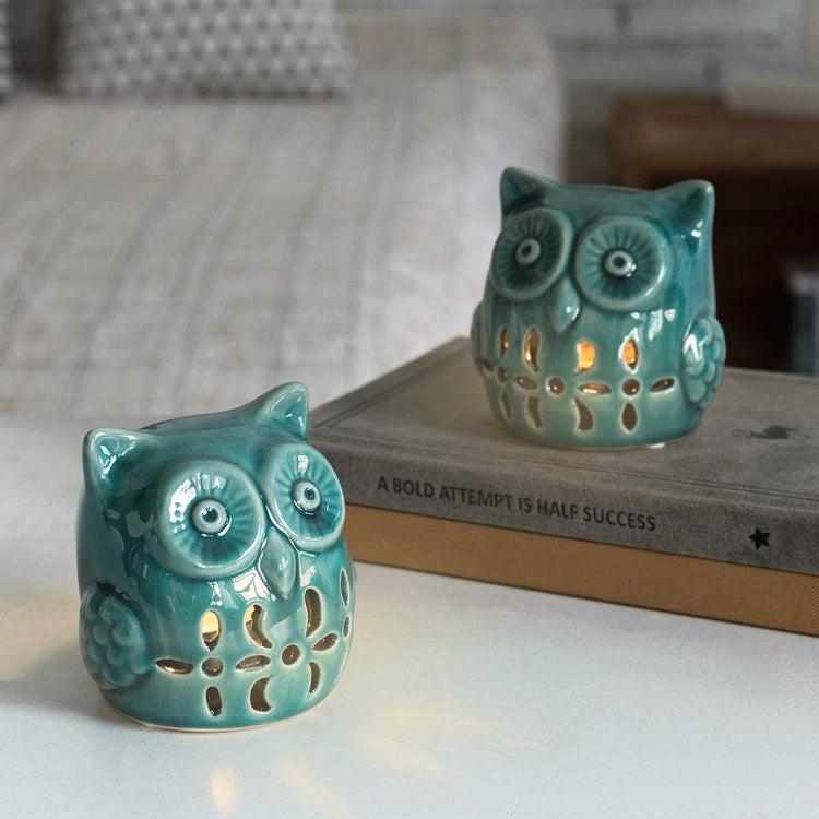 Teal Ceramic Owl Design Decorative Tealight Candle Holders, Set of 2