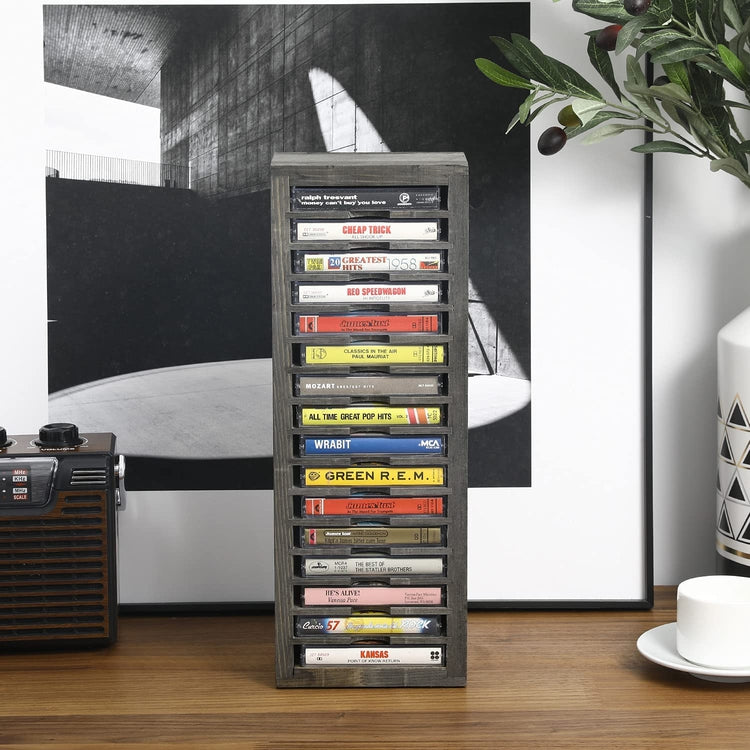 16-Slot Gray Solid Wood Freestanding Retro Cassette Tape Storage Rack Tower