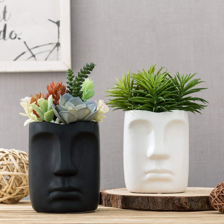 4-inch Black and White Head Planter Pot, Set of 2