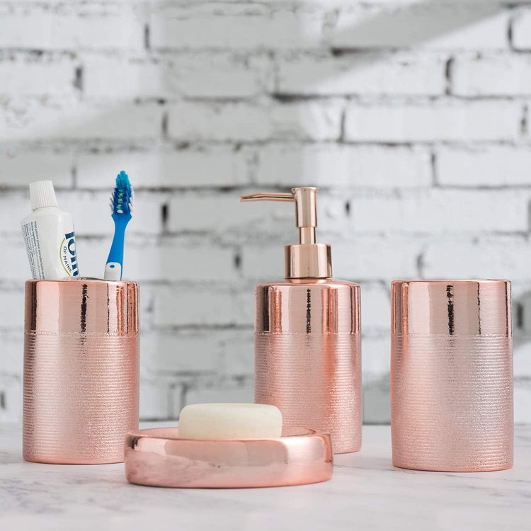 Rose Gold 4-Piece Textured Ceramic Bathroom Accessory Set with Soap Dish, Pump Dispenser, Toothbrush Holder & Tumbler