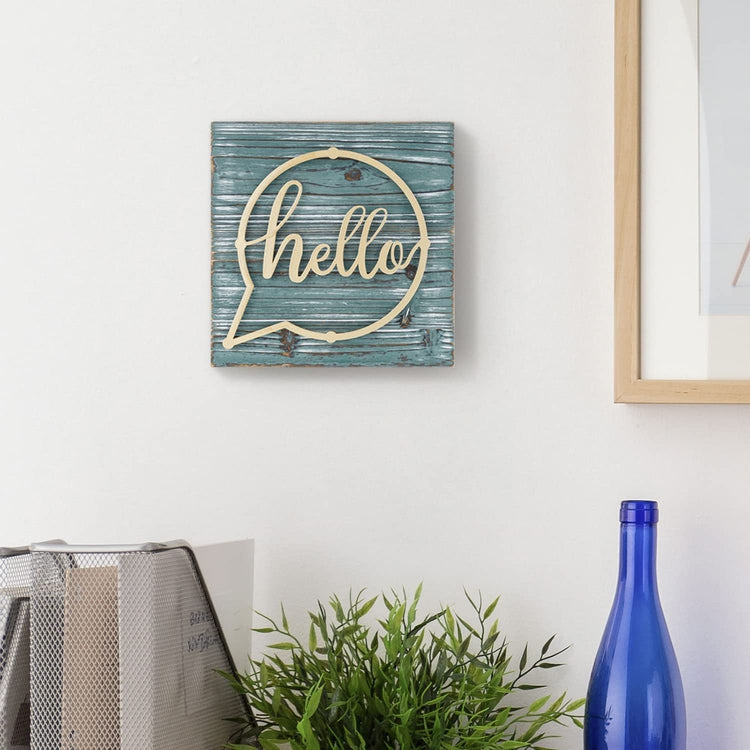 Distressed Weathered Green Wood and Brass Metal Wall Mounted "hello" Letter Sign Hanging Entryway Decoration