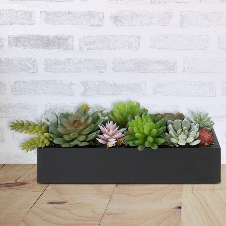 Black 12 Inch Rectangular Wood Planter Box w/ Artificial Succulent Plants Arrangement