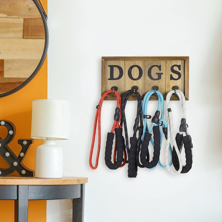 Brown Wood, Wall Mounted Dog Leash Holder with 4 Antique Metal Hooks