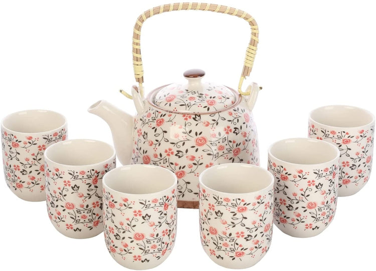 Japanese Ceramic Tea Service Set Pink Rose Pattern Design, Teapot with Bamboo Top Handle, Tea Leaf Strainer, 6 Teacups