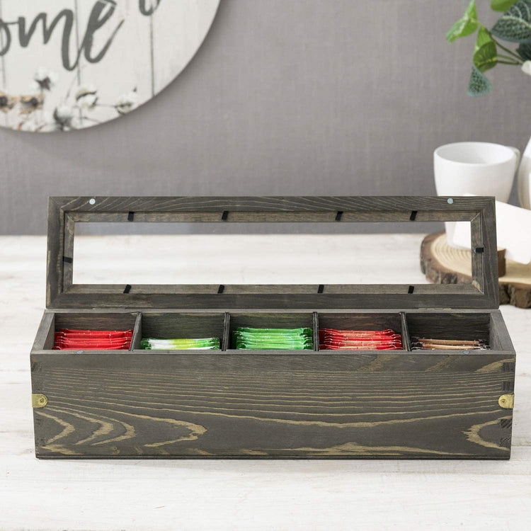 Gray Wood Tea Bag Storage Box with Clear Lid & Brass Metal Accent Wraps