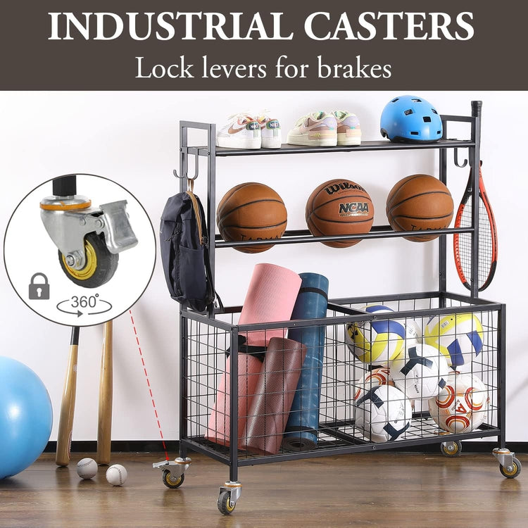Black Metal and Burnt Wood Sports Ball Basket Cart, Gym Organizer Rack Trolley with Baskets, Hooks, and Caster Wheels