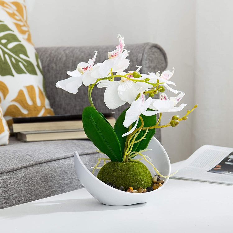 Synthetic Orchids with Sleek Curved White Planter