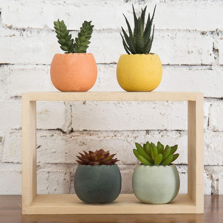 Assorted Mini Artificial Succulent Plants in Round Ceramic Multi-Colored Pots, Set of 4