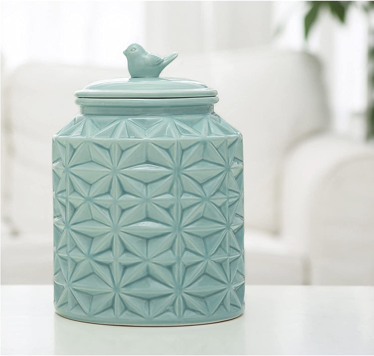 Turquoise Vintage Ceramic Kitchen Flour Canister, Cookie Jar with Star Design & Bird Topped Lid