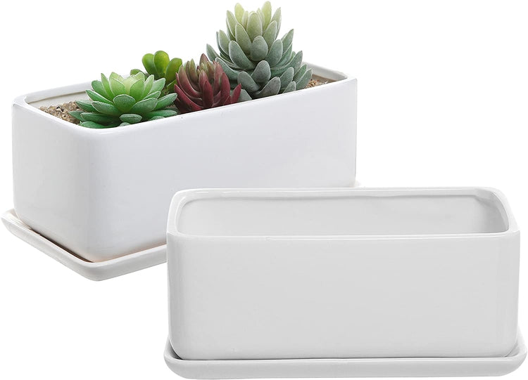 White Rectangular 10 inch Succulent Planters with Removable Drip Tray (Set of 2)