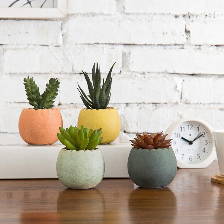 Set of 4, Assorted Mini Artificial Succulent Plants in Round Ceramic Multi-Colored Pots-MyGift