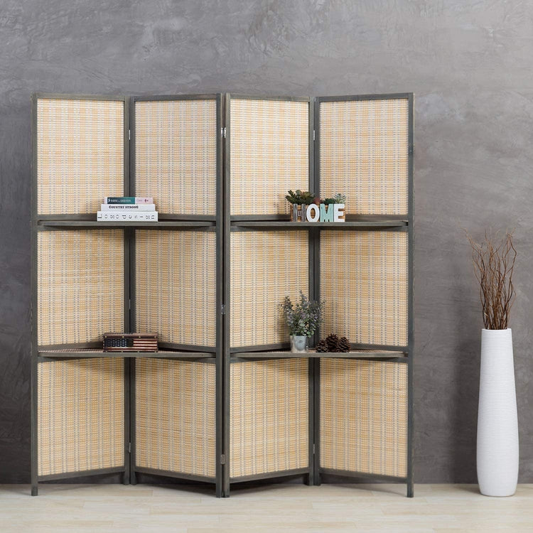 4-Panel Deluxe Woven Bamboo Dark Gray Room Divider with Removable Storage Shelves