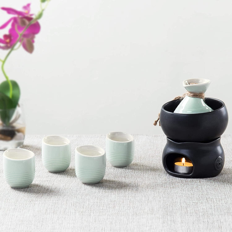7-Piece Traditional Japanese Light Blue Ceramic Sake Set, Serving Carafe, 4 Cups, Warmer Bowl and Candle Heating Stove