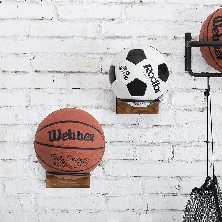 Wood & Metal Sport Ball Storage Rack & Wall-Mounted Sporting Equipment Display Holder, Set of 2