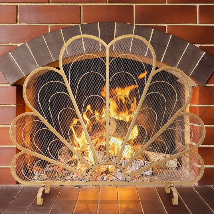 Brass-Tone Metal, Peacock Feather Shaped Fireplace Screen
