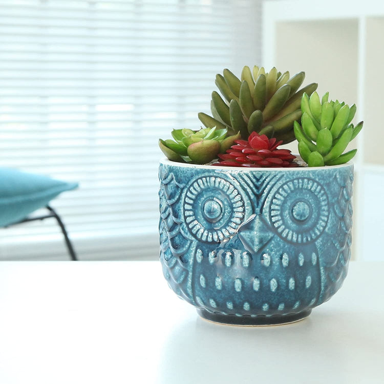 Blue Owl Shaped Succulent Ceramic Planter Pot Whimsical Cute Plant Container