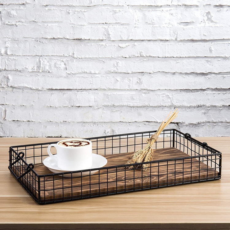 Rustic Black Metal Wire & Brown Wood Nesting Serving Trays with Handles, Set of 2