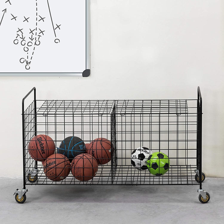 2-Compartment Black Metal Rolling Sports Ball & Gym Equipment Storage Cart