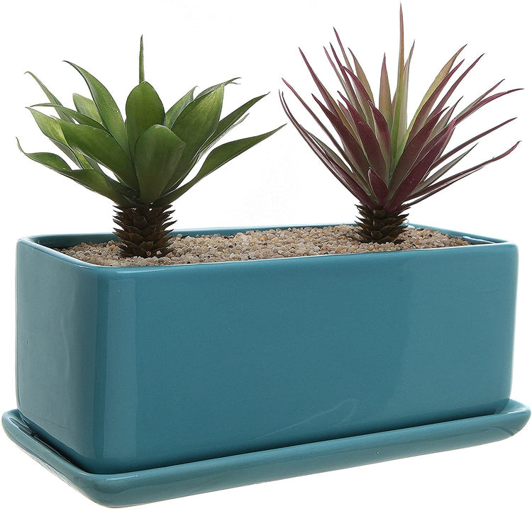 10 inch Rectangular Minimalist Turquoise Ceramic Succulent Planter Pot with Saucer