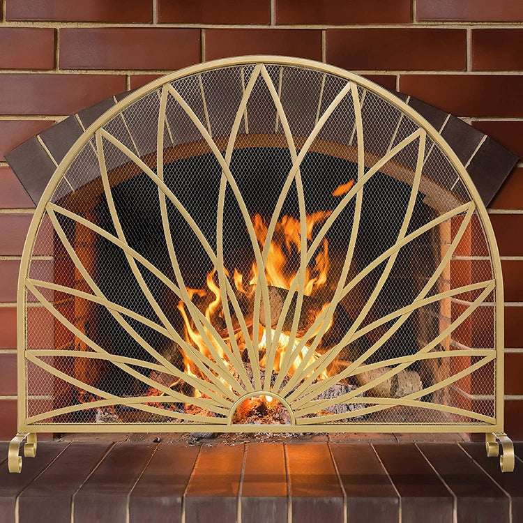 Art Deco Starburst Style Brass-Tone Metal Freestanding Fireplace Screen