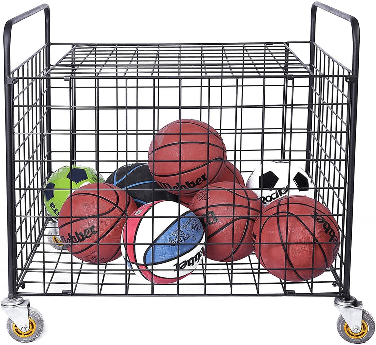 Black Metal Rolling Multi Sports Ball Storage Hopper & Basketball, Football, Soccer Equipment Cart