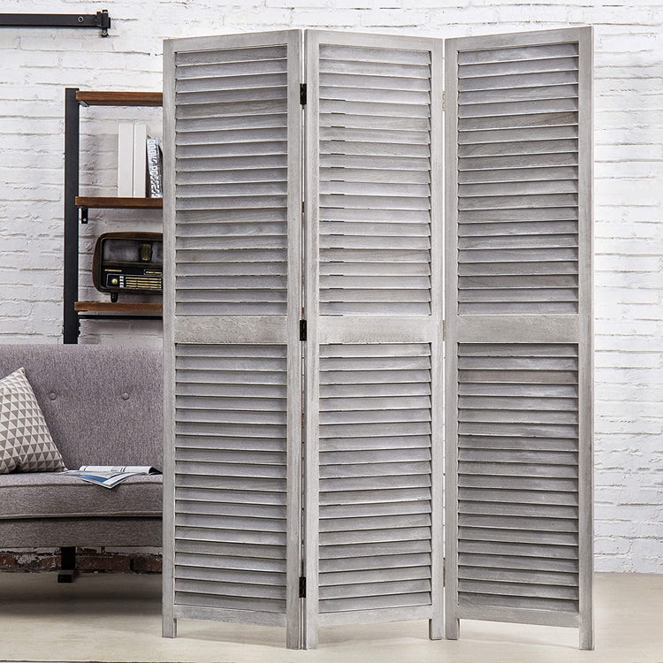 Distressed Gray Wood Louvered Room Divider w/ 3-Panels