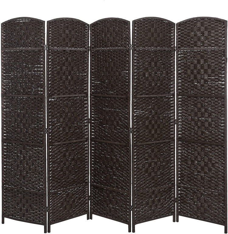Brown Handwoven Bamboo 5 Panel Partition, Semi-Private Room Divider with Dual Hinges