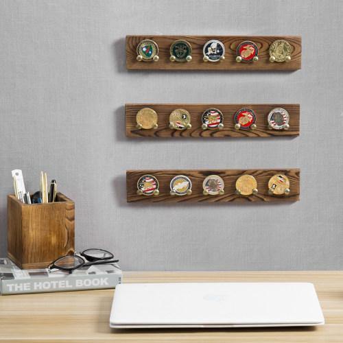 Brown Wood Wall Mounted Challenge Coin & Casino Chip Display Rack, Set of 3