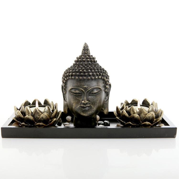 Buddha Head Sculpture Zen Garden Set w/ Lotus Candle Holders & Wooden Tray - MyGift Enterprise LLC