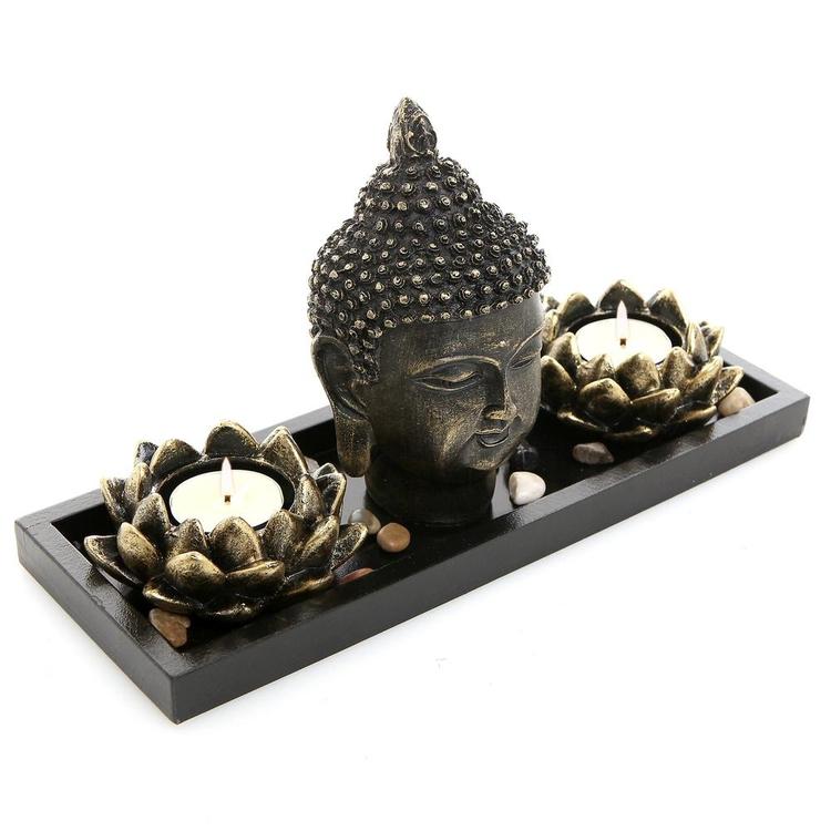 Buddha Head Sculpture Zen Garden Set w/ Lotus Candle Holders & Wooden Tray