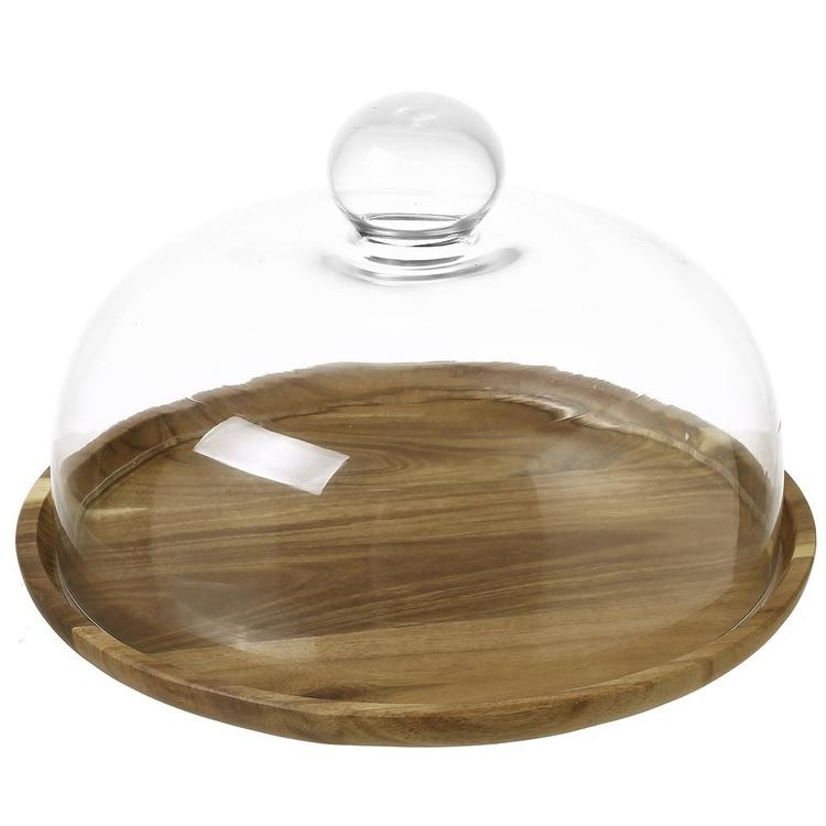 Clear Cake Dessert Glass Cloche Dome with Acacia Wood Serving Tray, 9 Inch