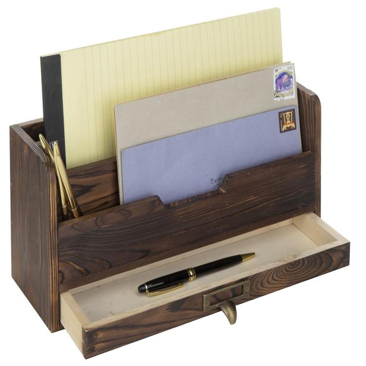 3-Tier Coffee Brown Wood Office Desk File Organizer Mail Sorter Tray Holder w/ Storage Drawer - MyGift Enterprise LLC